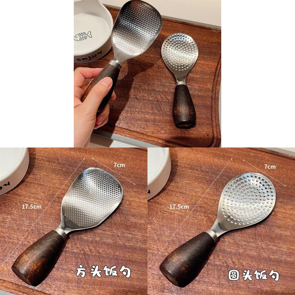 Stainless Steel Rice Ladle With Wooden Handle And Flat Head Ideal For Home Use