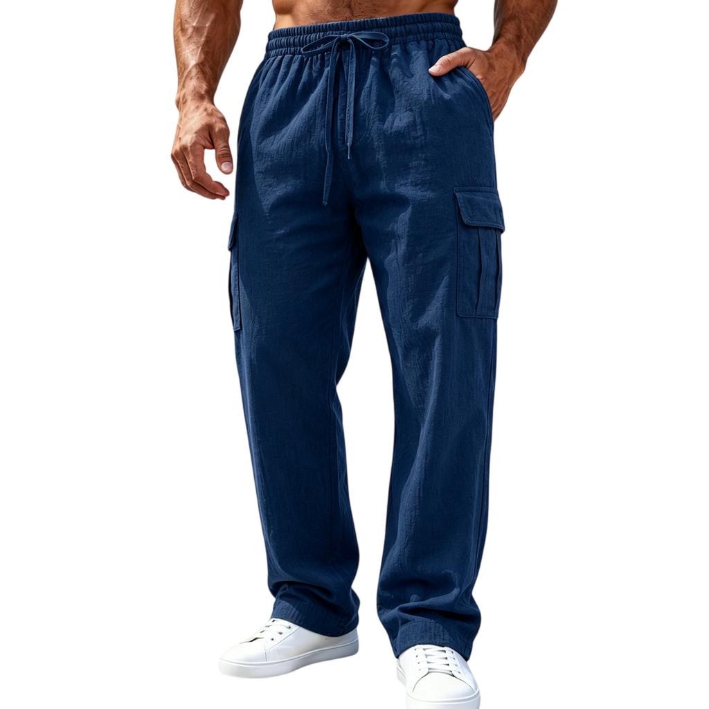Pánské lněné cargo kalhoty Široké nohavice Volný střih Prodyšné Více kapes Ležérní Celoroční Streetwear