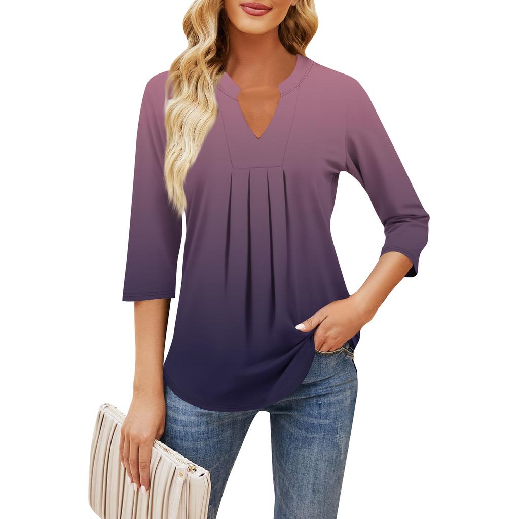 Damen Siebenviertelärmel Tops Lässig V-Ausschnitt Brustrüschen Einfarbig Locker T-Shirt Tops