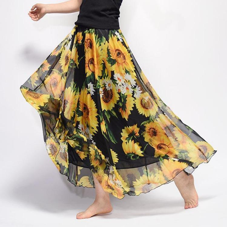 Bohemian Long Skirt Summer Retro Beach Skirt European and American New Style Printed Chiffon Skirt