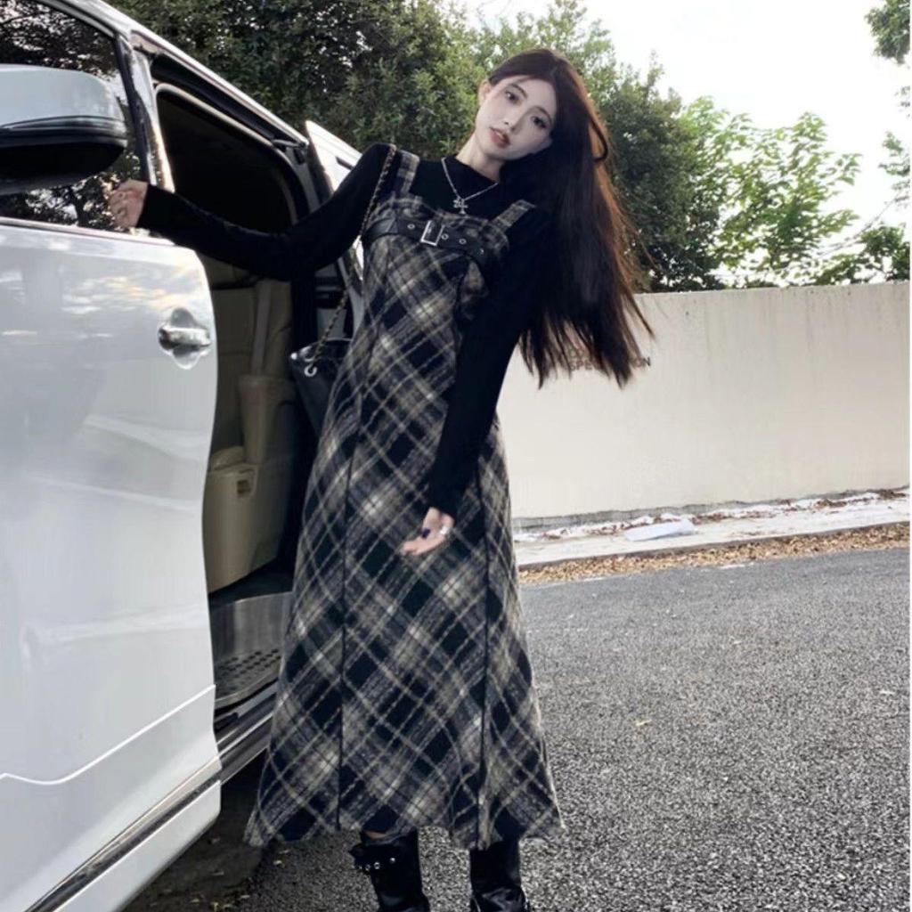 Retro French Plaid Strappy Dress with Long Sleeve Top Set