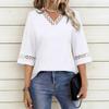 Women Solid Color V Neck Lace Splice Casual Mid Sleeve T Shirt Top