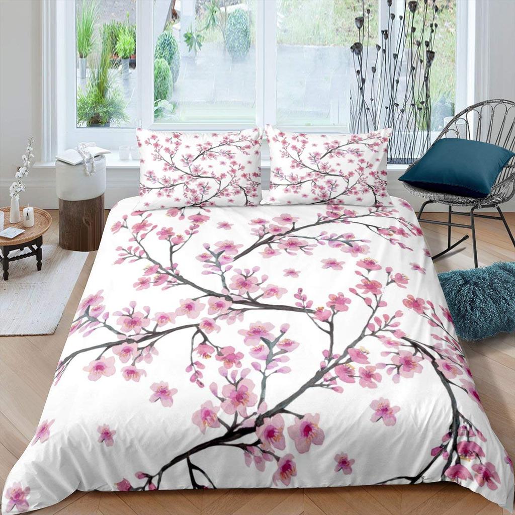 Peach Blossom Duvet Cover Set King Size Microfiber Pink Floral Bedding For Teens Women Twin Comforter Cover