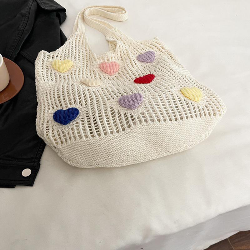 Hollow Out Lover Heart Thread Woven Bag Beach Handbag Tote Bag Beach Bag Large Capacity Bohemian Style Shoulder Bag Girls CLE