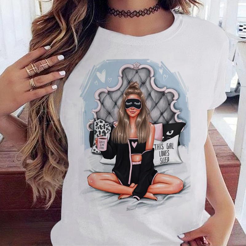Women's Top Urban Girl Printed Casual White Cute Simple Retro Front Shoulder Pure Cotton Short Sleeved T-Shirts Women’s