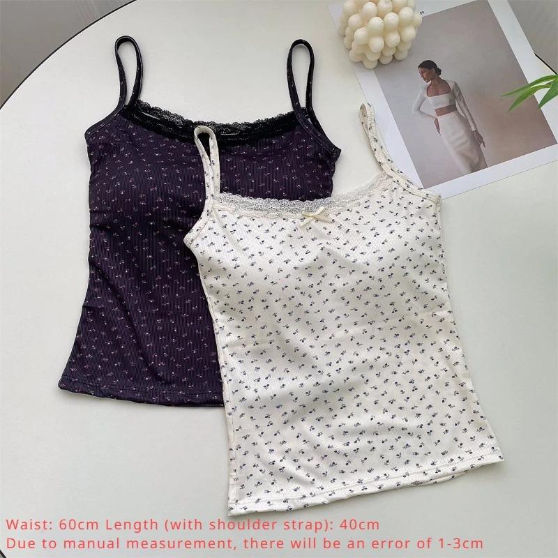 Summer Print Crop Tops for Women Bow Lace Camisole Sexy Backless Vest with Padded Basic Tank Top Bm Style Streetwear