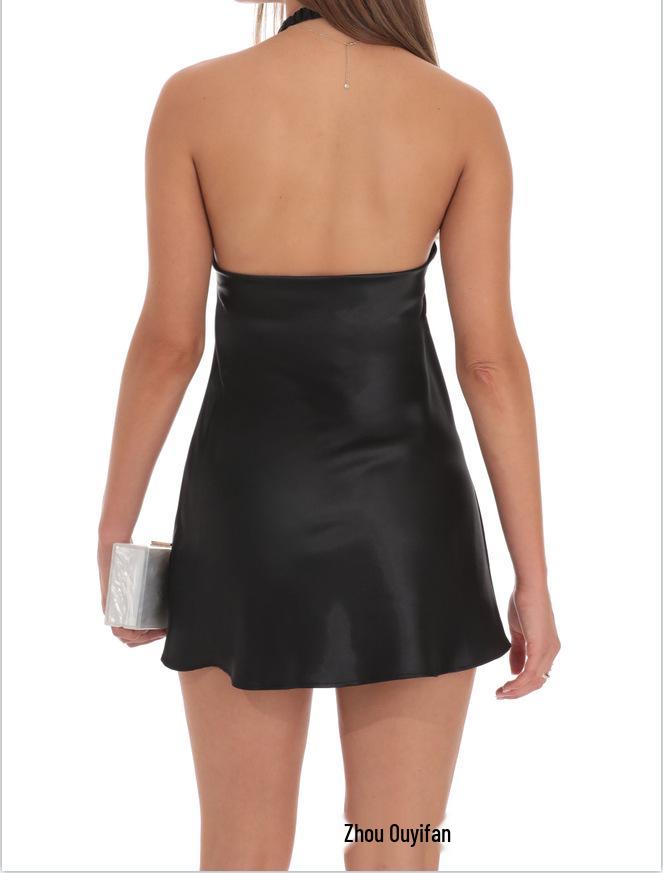 Europäischer & Amerikanischer Stil Schwarzes Neckholder Ärmelloses Enganliegendes Kurzes Kleid