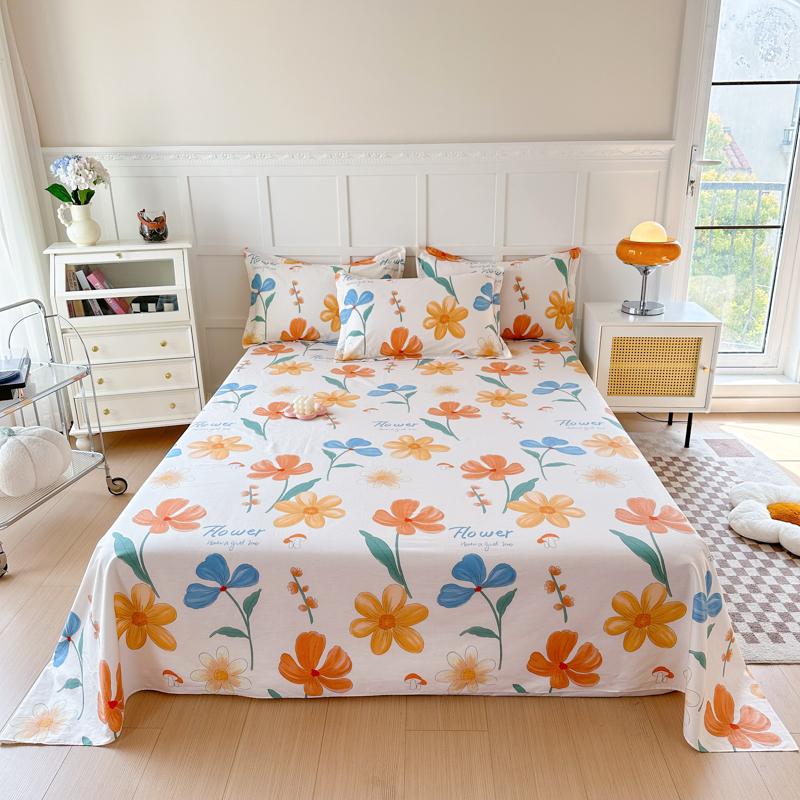 White Tulip Flower Flat Sheet Cotton Cartoon Bunny Blue Bed Sheet Set for Boys Girls Lovely Floral Rabbit Botanical Bed Cover