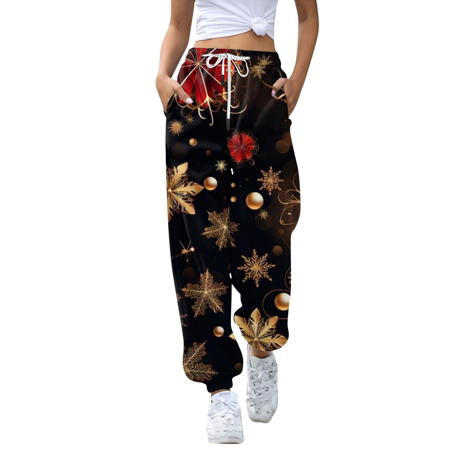 

Женские повседневные модные рождественские принтованные повседневные спортивные брюки с эластичной талией и завязками на шнурке S золотой