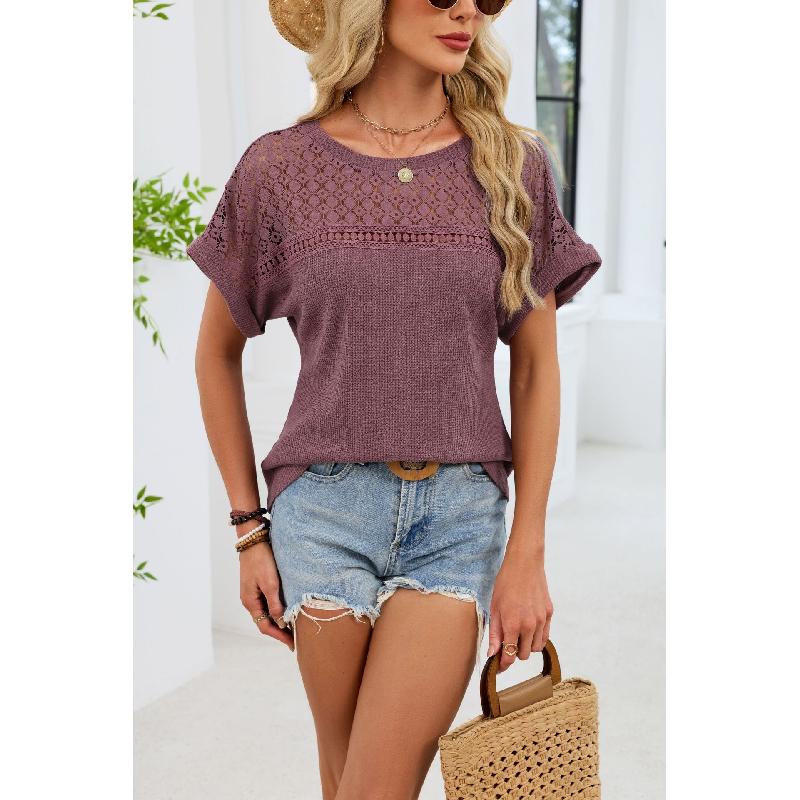 2026 Spring/Summer New Round Neck Lace Trim Loose Short Sleeve T-Shirt for Women