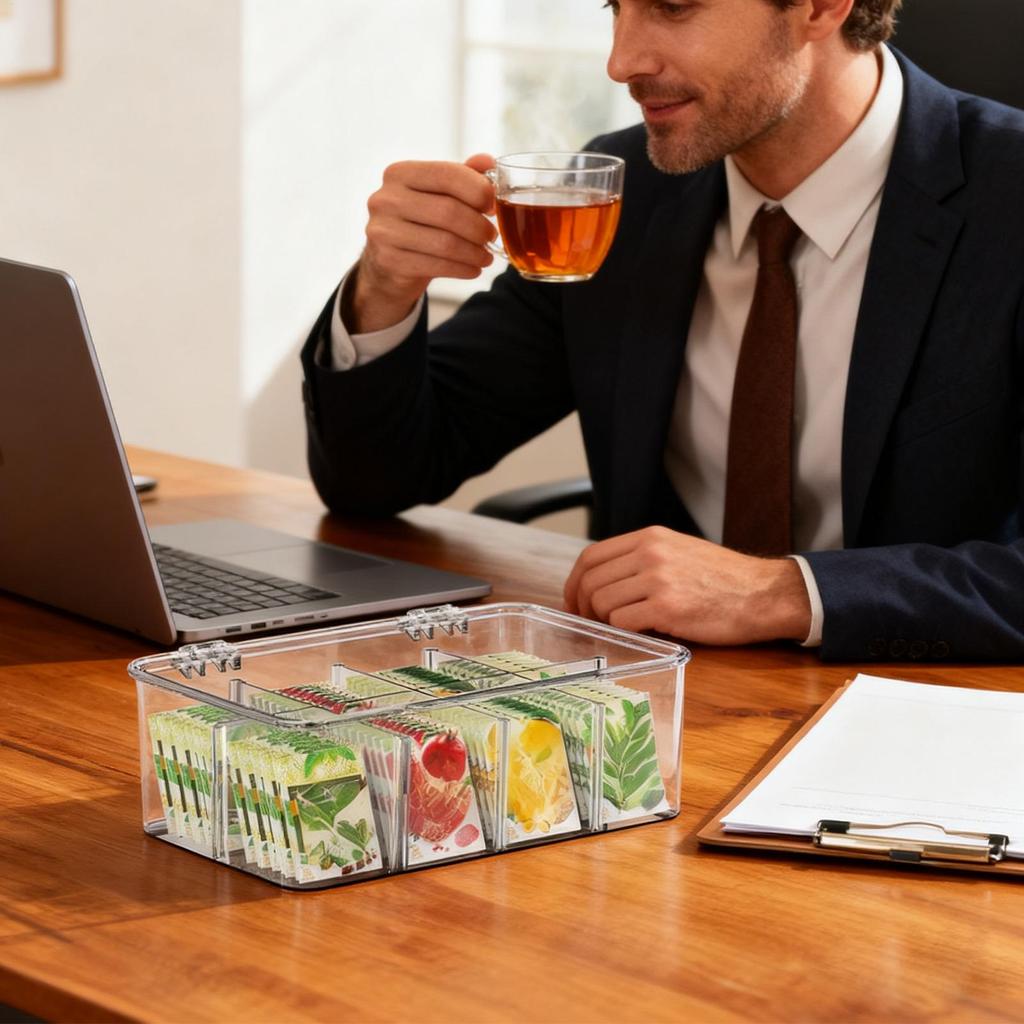 Tea Storage Organizer Clear Box With Removable Dividers Packet Storage Tea Bag Holder Organizer For Kitchen Cabinet Counter