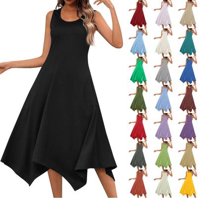 Women's Casual Fashion Round Neck Sleeveless Solid Irregular Hem Midi Dress