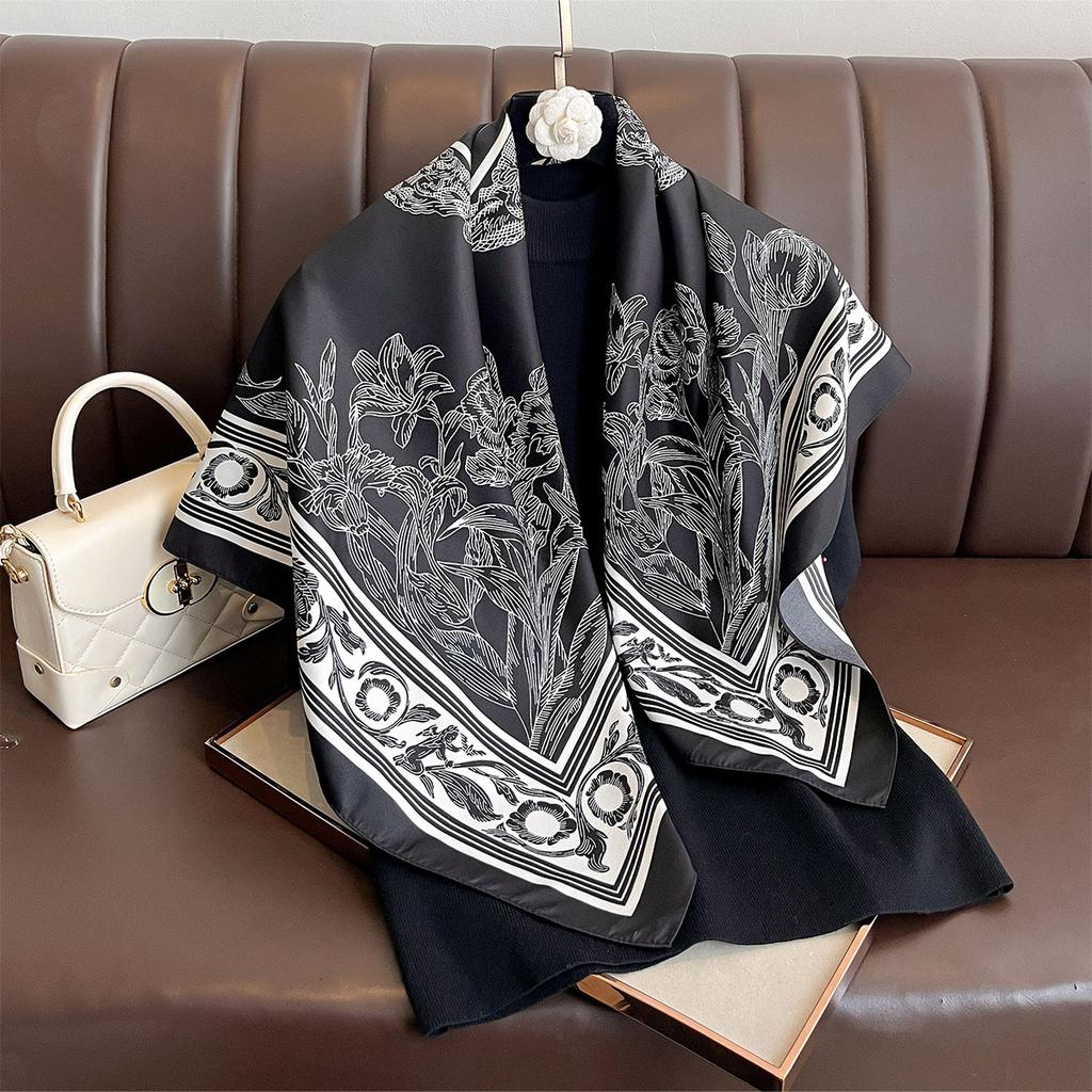 Luxury Print Silk Scarf Women Satin Hijab Scarves Pareo Bandana Female Shawl Wrap Headband Foulard 90*90Cm Summer Bufandas