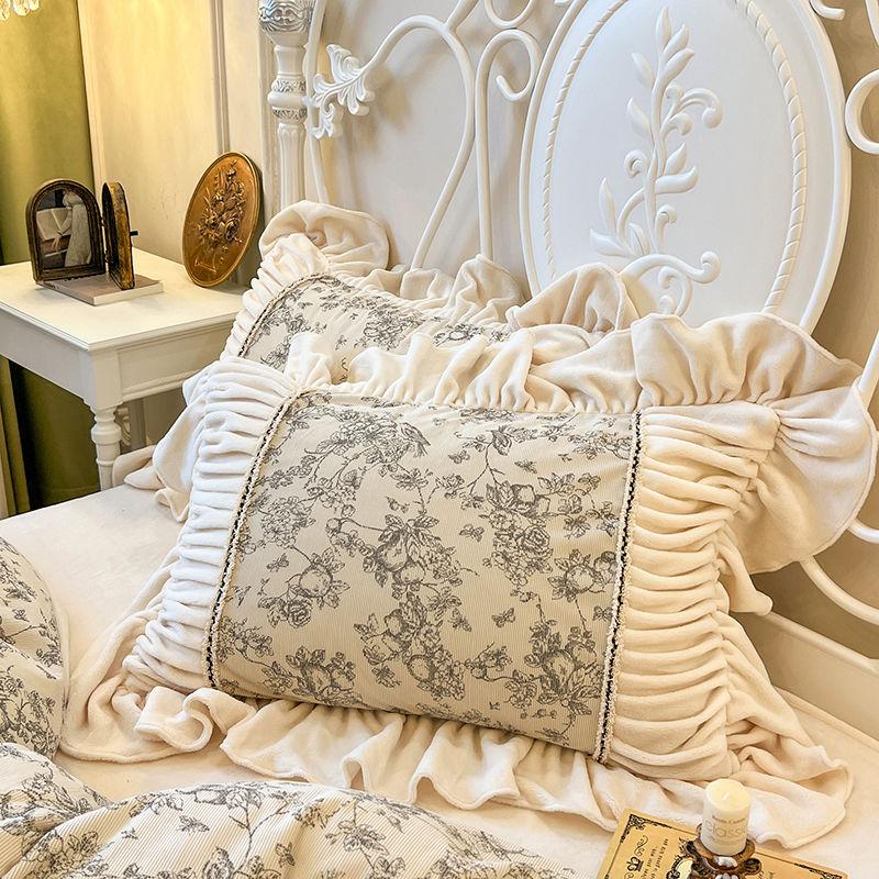 Зимняя молочная бархатная наволочка, утолщенный комплект из пары 48 * 74, кружевная наволочка в стиле принцессы для дома и общежития, женская одинарная наволочка 48 * 74cm-2pcs