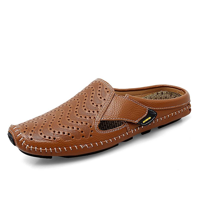 Fashion Summer New Genuine Leather Mens Half Slippers Breathable Casual Mules shoes Lightweight classic Non-slip driving flats Moccasins