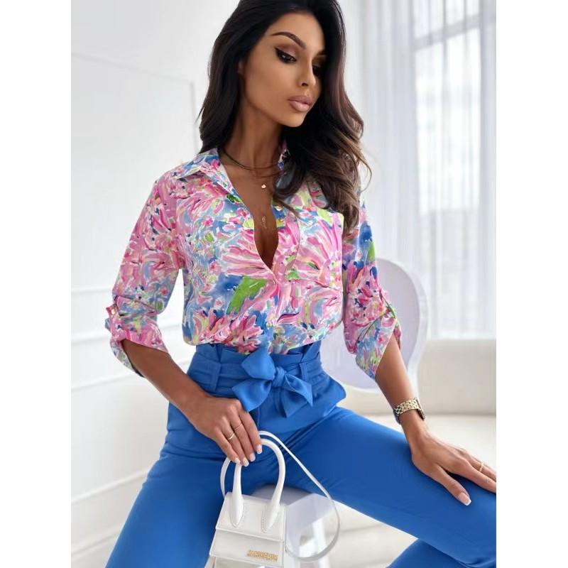 Tooxika New Women's Long-sleeved Tops With Printed Multi-color Lapel Shirts