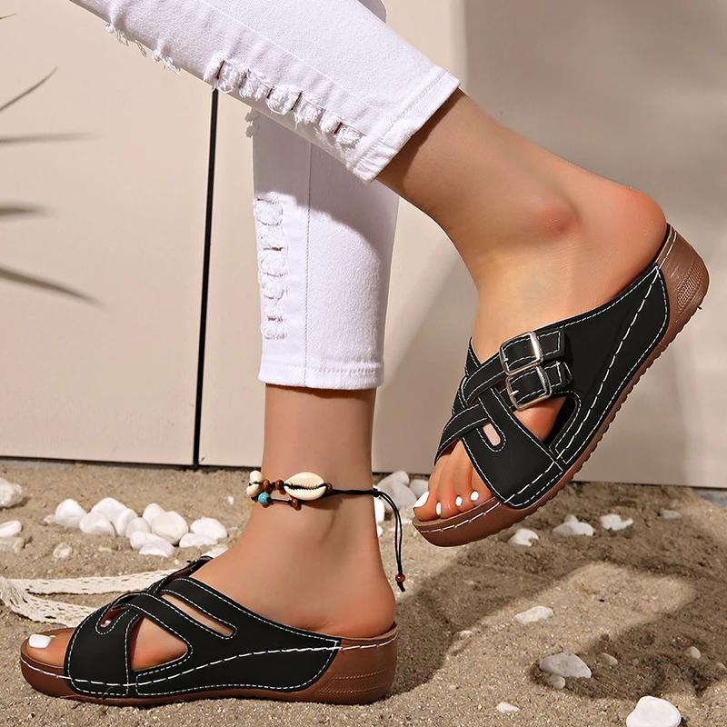 Fashion Fashion Double Buckle Platform Sandals Women Comfort Cross Strap Wedge Heel Sandals Woman Plus Size Non Slip Beach Slippers 43