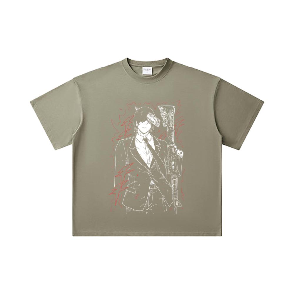 260 GSM Double Yarn 32 Count 100% Cotton Chainsaw Man V30 Gun Devil Print Unisex Heavy Cotton T Shirt