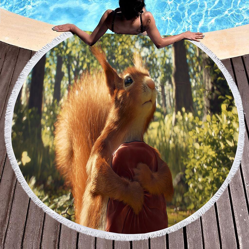 Cute Squirrel Round Beach Towel with Tassels Microfiber Beach Blanket Absorbent Sandproof Circle Bath Towel Meditation Yoga Mat