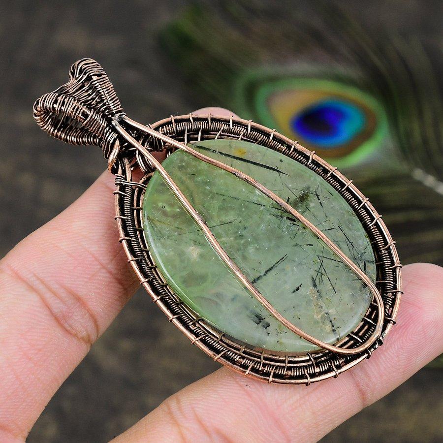 Natural Prehnite Gemstone Handmade Copper Wire Wrap Gift Pendant 2.96 T7O80