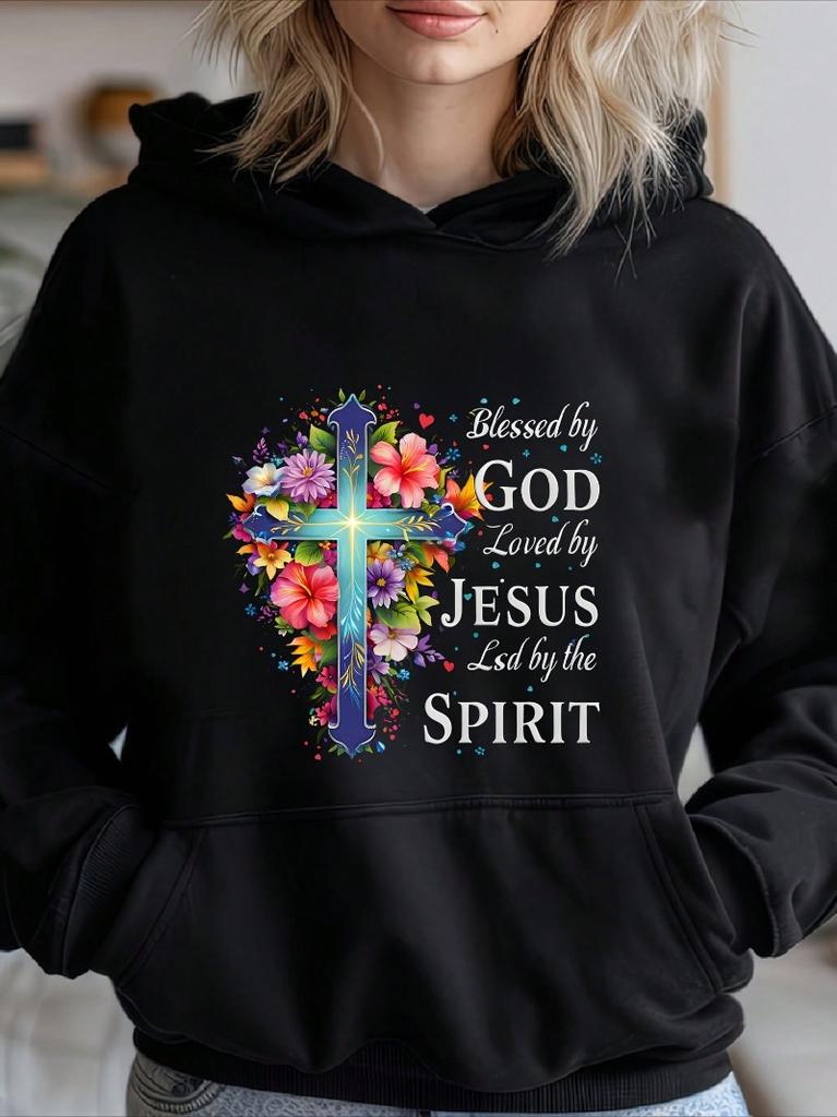 Women'S Hoodie Comfortable Casual Pullover, Long Sleeves, Front Pocket Fall/Winter, Casual Hoodie With God Bless Love Flowers Christianity, L