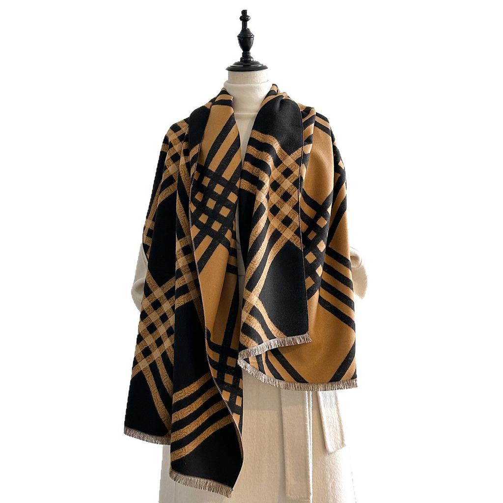 Black And White Line Plaid Scarf Women'S Winter High-End Sense Of Gold Temperament Imitation Cashmere Scarf