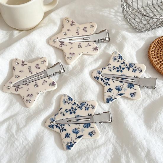 Traceless Hair Clip, Five-Pointed Star Shape Hair Pin with Floral Pattern, Compact Versatile Hair Accessories