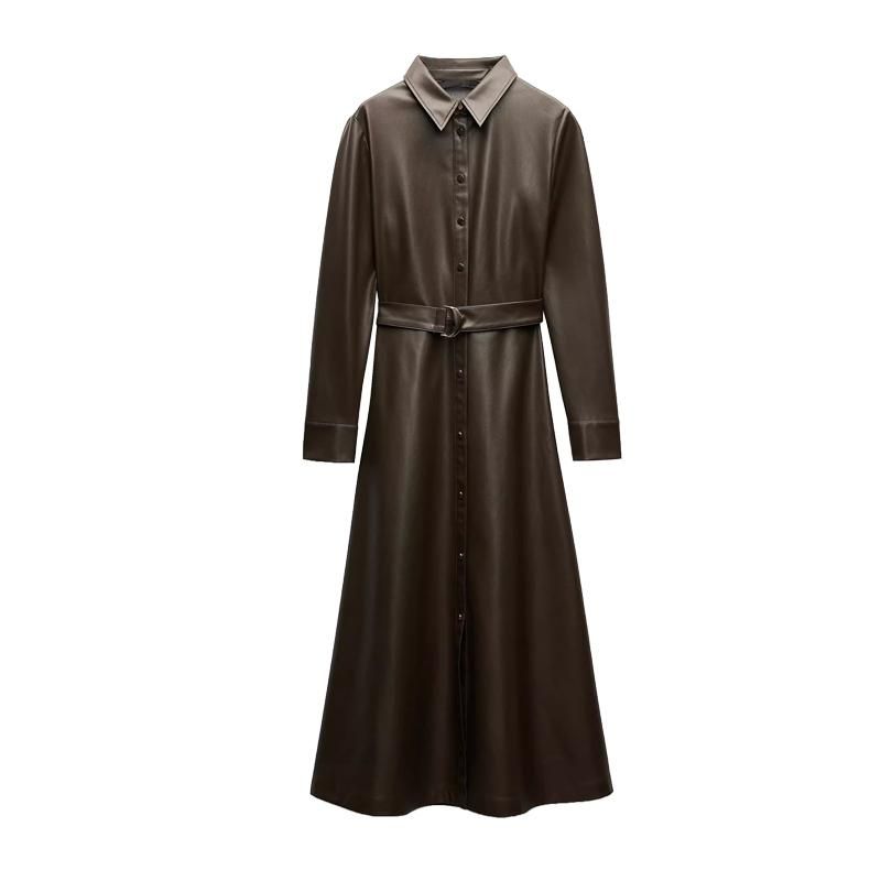 Fall and Winter New Women's Clothing Single-Breasted Faux Leather Shirt with Belt Lapel Long Sleeves Dress 8741283