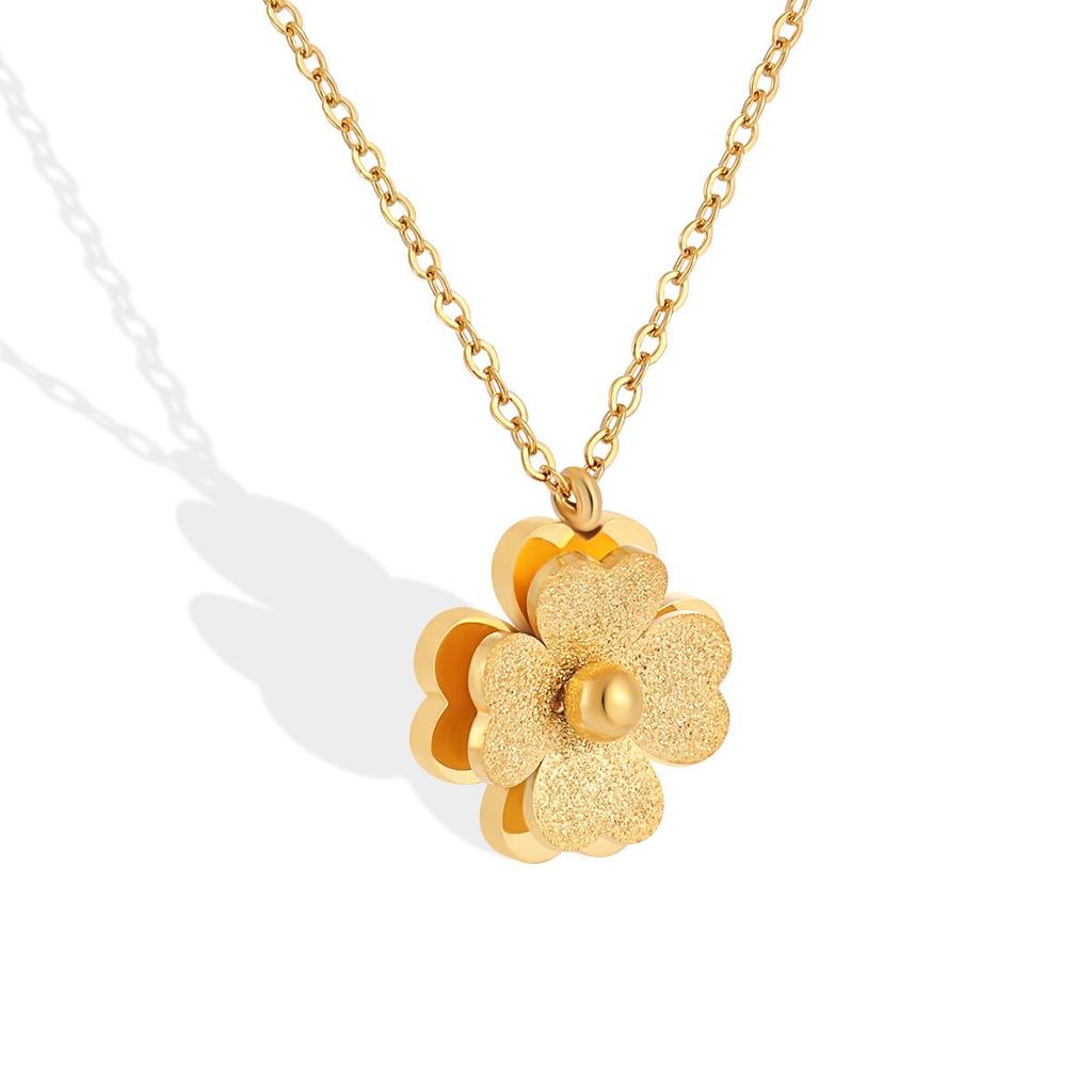 Minimalist Double-Layer Frosted Single-Bead Clover Flower Titanium Steel Necklace for Women