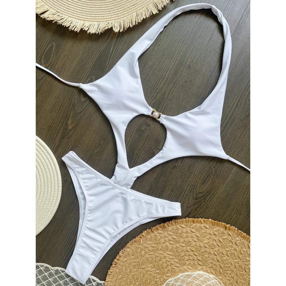 Sexy Cut Out Einteiler Badeanzug Rückenfrei Neckholder Damen Bademode Perlen Patchwork Tanga Badeanzug Rot Weiß Strandbekleidung Monokini
