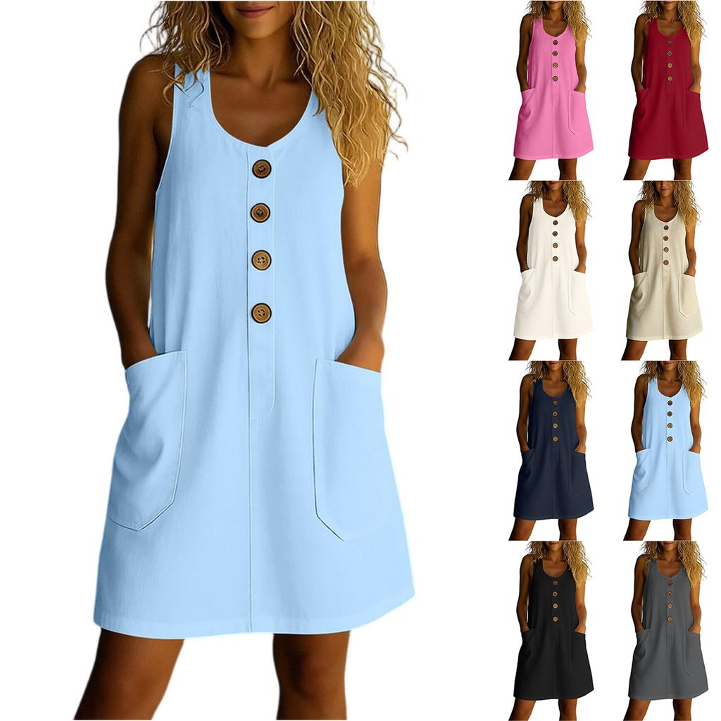 Women Sleeveless Button Front U Neck Casual Linen Cotton Dress with Pockets Loose Fit Summer Tunic Midi Dress for Daily Wear