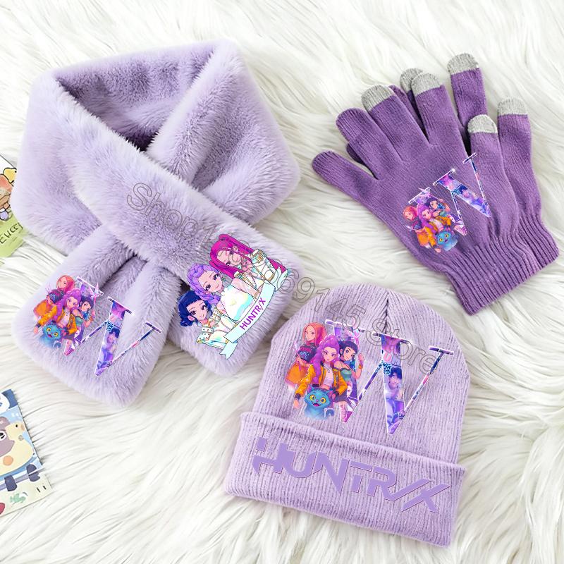 3-teiliges KPop Dämonenjäger Kinder Strickmütze Handschuhe Schal Set Niedliche Mädchen Winteraccessoires Strickmütze Schals Weihnachtsgeschenke