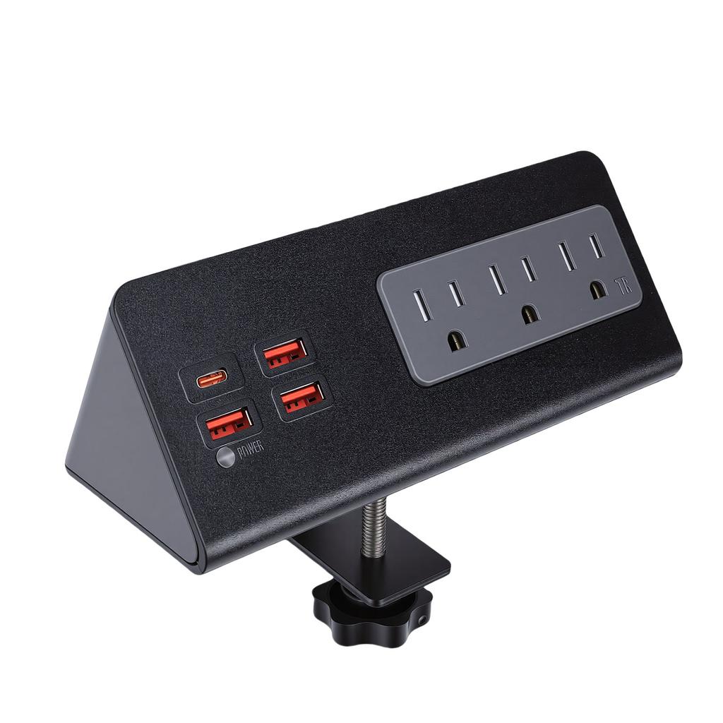 Desk Clamp Power Strip 15A 1875W 3 AC Outlets 3 USB A 1 PD20W USB C Ports Desktop Edges Mount Power Strip Surge