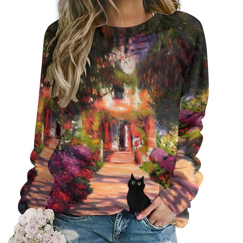 Cute Cat Floral Sweatshirts Flower 3D Print Women New O-Neck Hoodies Casual Streetwear Y2k Pullovers Harajuku Top Woman Clothing