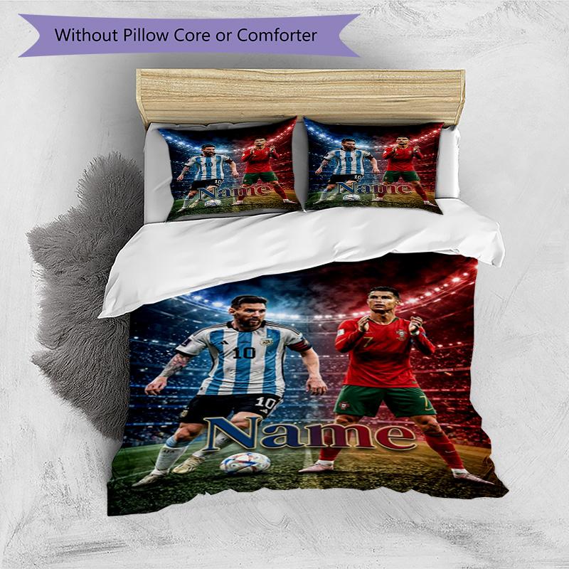Messi Soccer Legends Custom Name Personalized Name Bedding Set,Airy Bed Linen for Sports Room Decor,Perfect Teenager Gift,Double Sided Duvet Cover wit