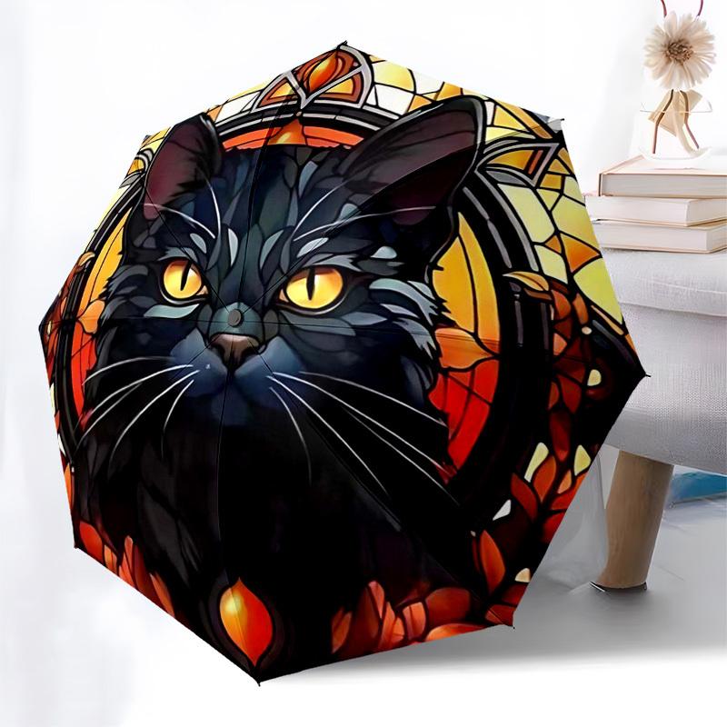 

1pc Stained Glass Cat Design Automatic Folding Umbrella - Portable 3-Fold Design with 8-Bone Iron Frame, Outdoor for Fans, Travelers, Daily Use, Festi