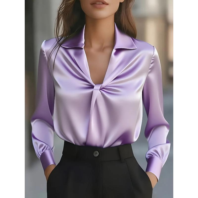 Spring Autumn Fashion Temperament Solid Colour Satin Pleated Long-sleeved Shirt for Women