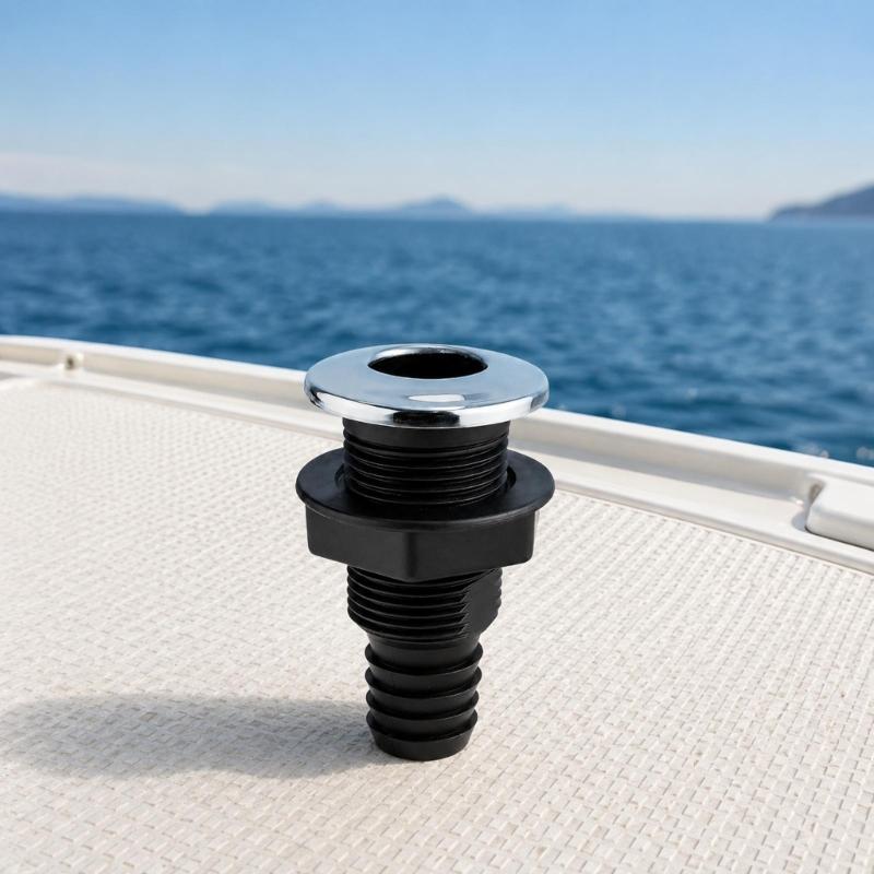 Marine Drain Fitting 1 Inch Boat Deck Drain Outlet with Straight Threaded Body, Nylon Construction and Stainless Steel Outer Trim for Hull Repair