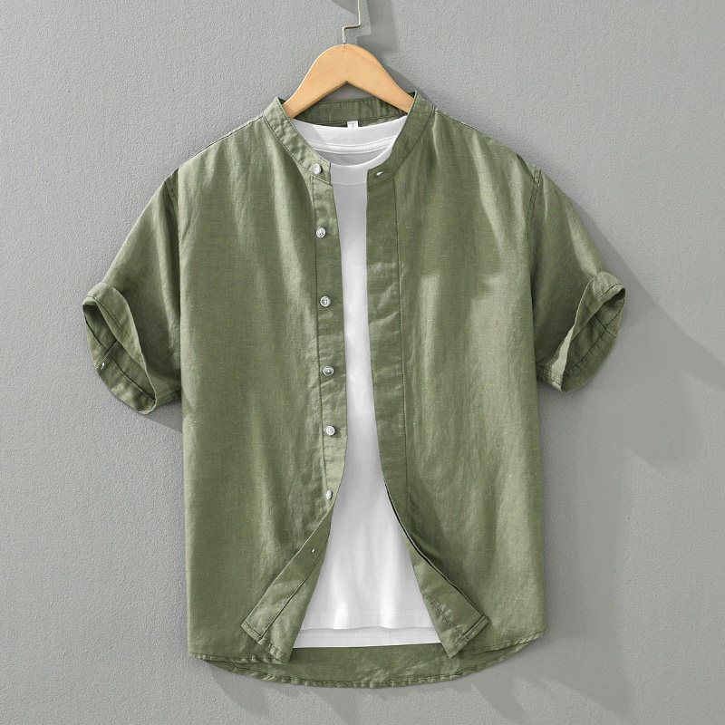 Japanese-Style Casual Stand-Collar Cotton-Linen Short-Sleeve Shirt for Men, Summer Thin Linen Shirt, Large Size