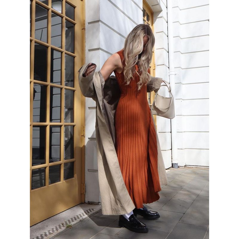 

Pleated Long Skirt Summer Women clothes Slim fit High Waist Sling Knitted dress Vacation Pleated Long dress Rust red M