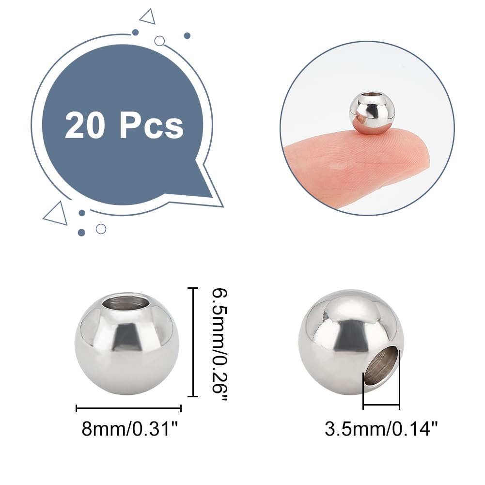 Tarnish Resistant Round 202 Stainless Steel Beads, Stainless Steel Color, 8x6.5mm, Hole: 3.5mm
