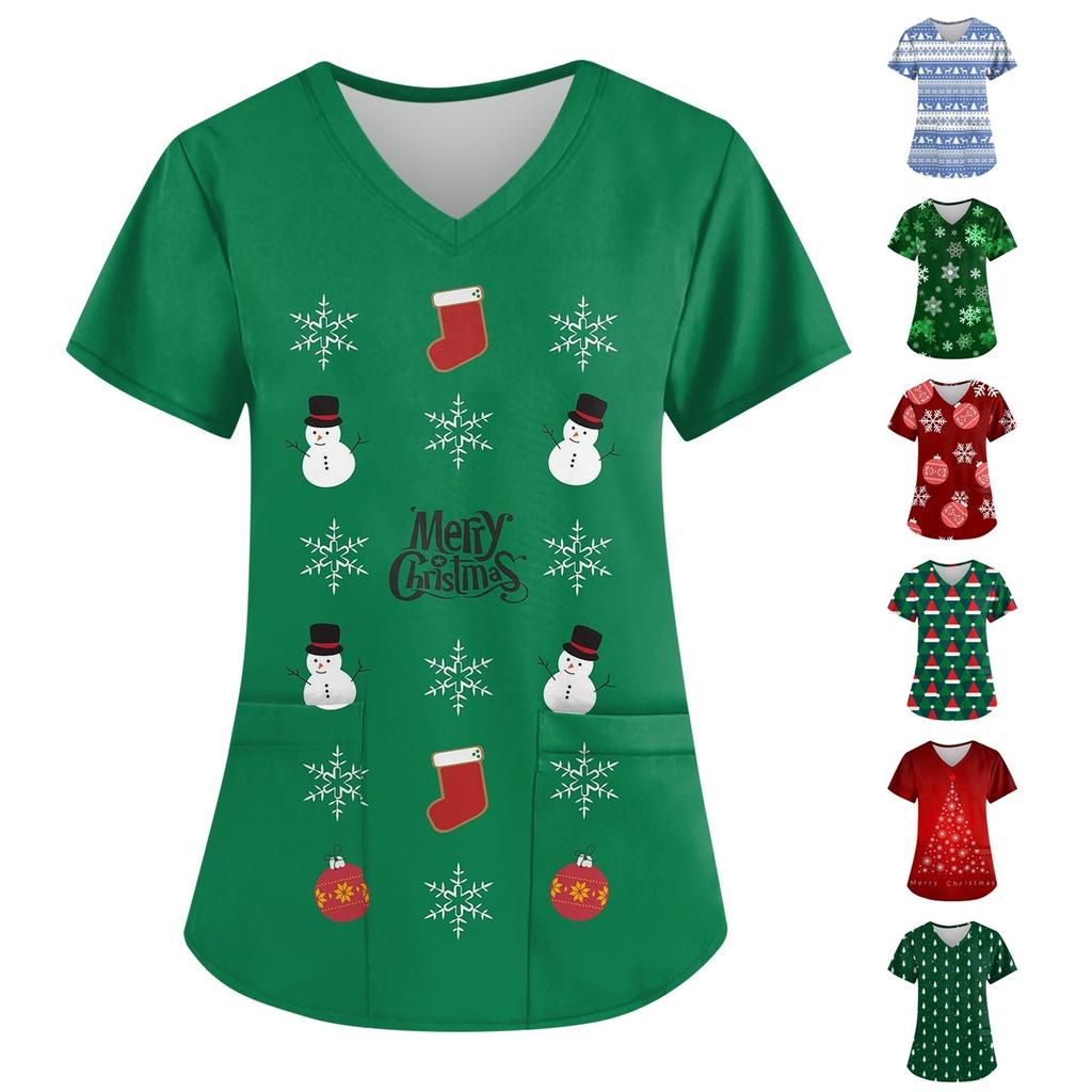 Kvinners mote juletrykt kortermet V-hals topp liten lommearbeid T-skjorte