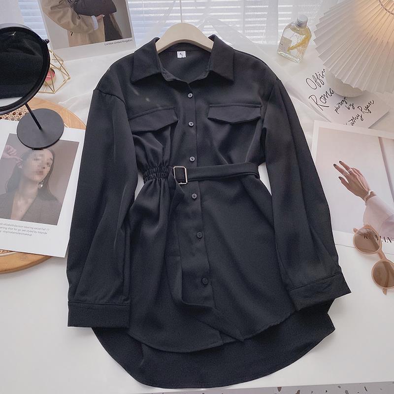 Women's Winter Mid-Length Korean Design Tie-up Long-Sleeved Shirt