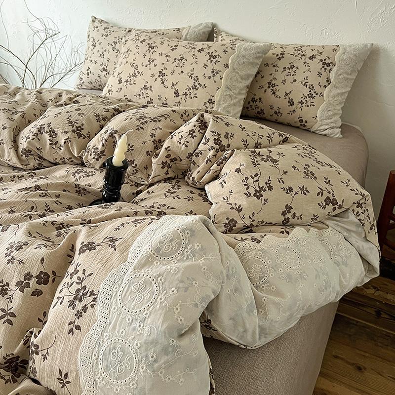 4pcs Vintage Lace Style Bedding Set Nordic Floral Duvet Cover Set Flat Sheet Twin Double Size Bed Sheet Set For Bedroom Decor