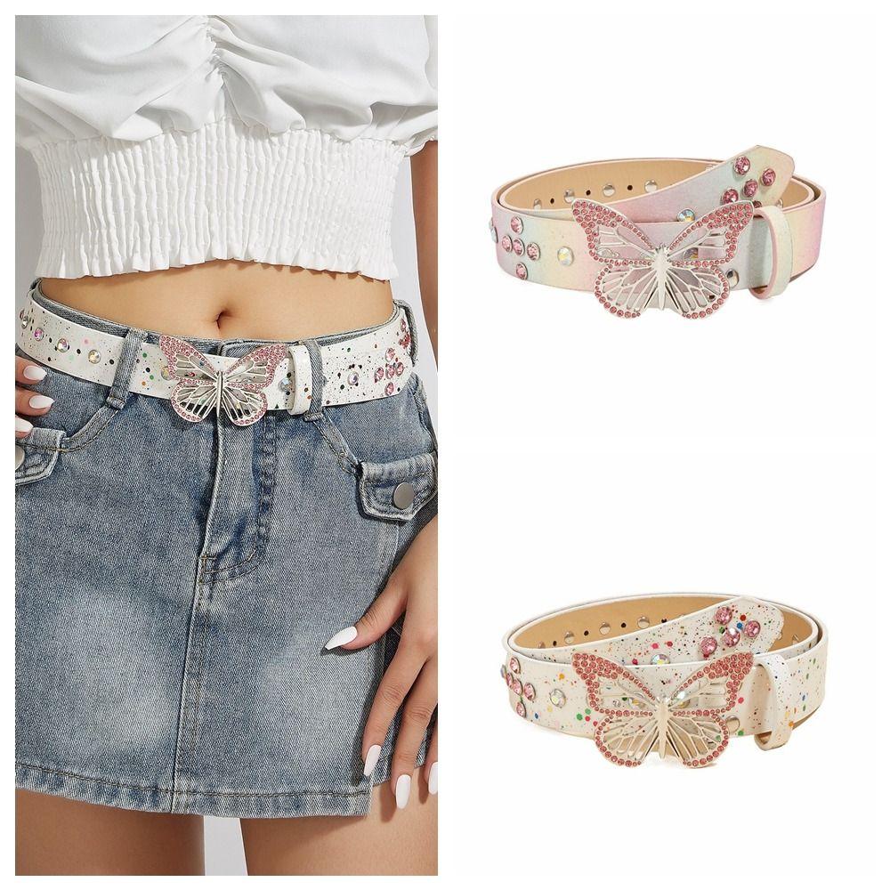 

Adjustable Butterfly Rhinestone Belt Hollow Women Waist Belt Aesthetic Butterfly Waistbands Pants білий