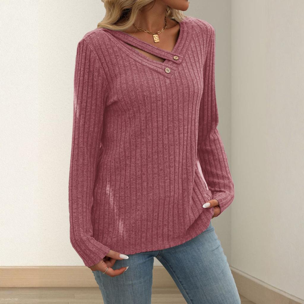 Women's Fashionable Solid Color V Neck Button Long Sleeved Loose Pullover T-shirt Top