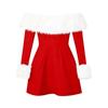 Christmas Ladies Fashion Off-shoulder Velvet Fured Skirt Long Sleeve Solid Color Dress