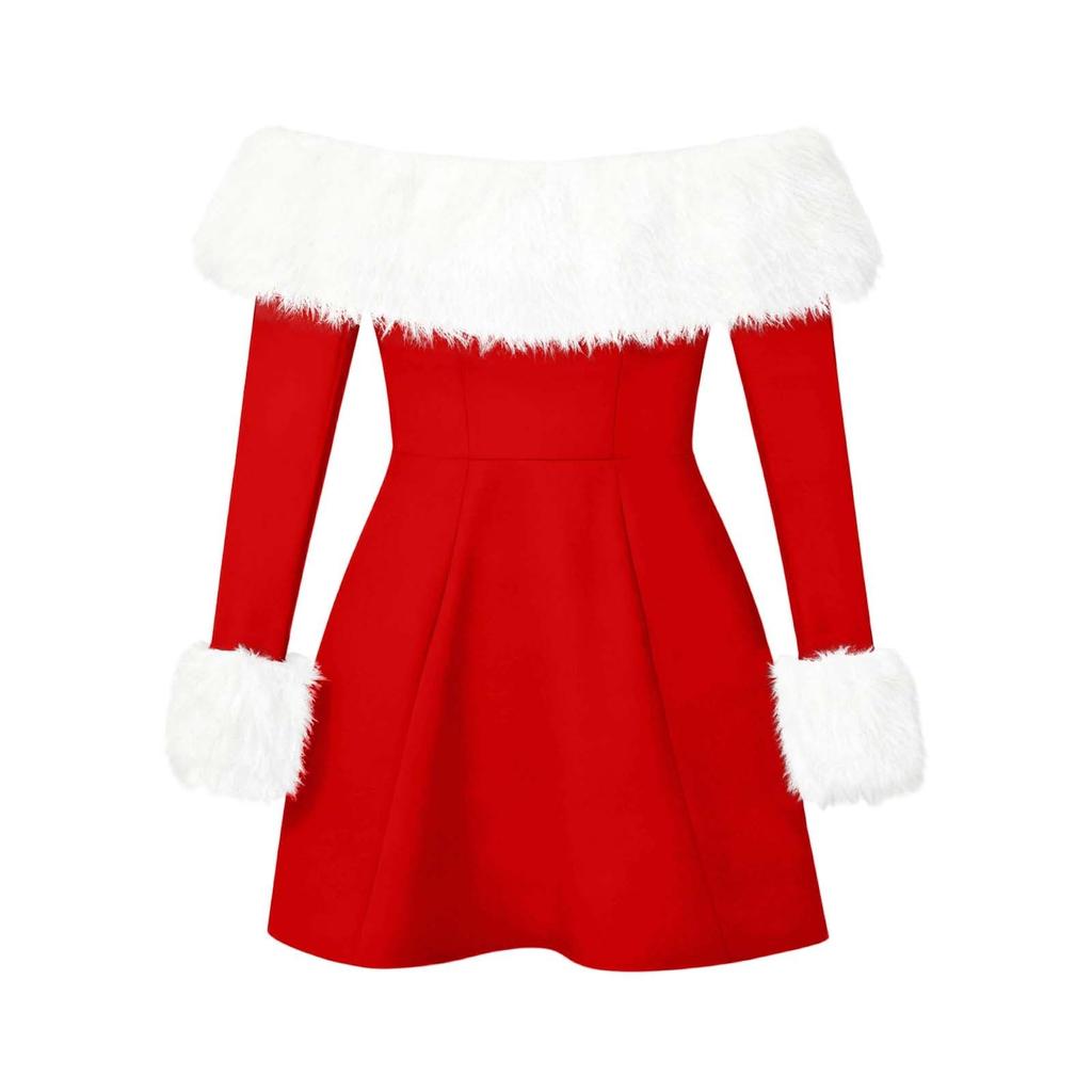 Christmas Ladies Fashion Off-shoulder Velvet Fured Skirt Long Sleeve Solid Color Dress