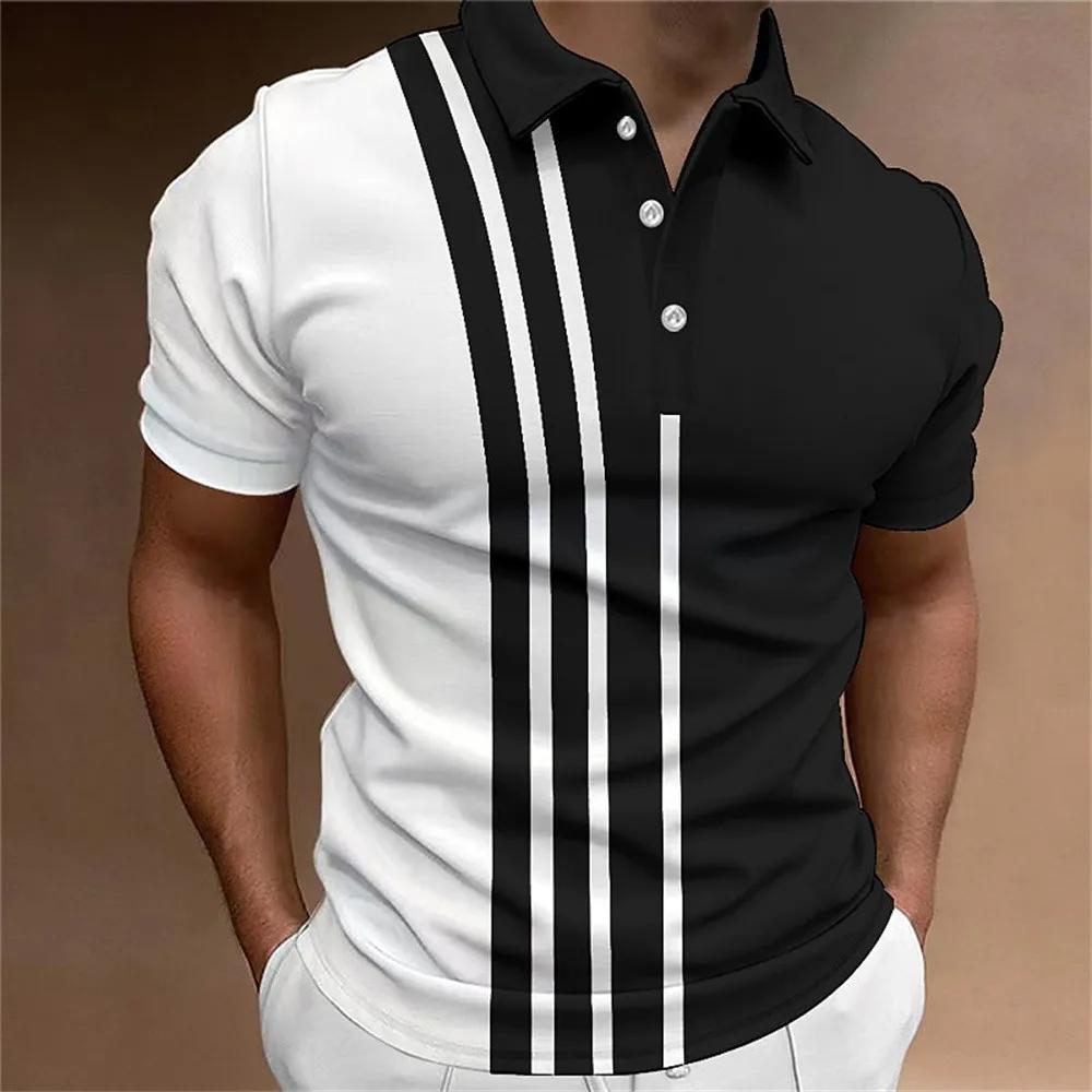 Men's Button Polo Shirt, Collar Short Sleeved Shirt, Button Striped Collar Casual Sportswear, Trendy T-shirt