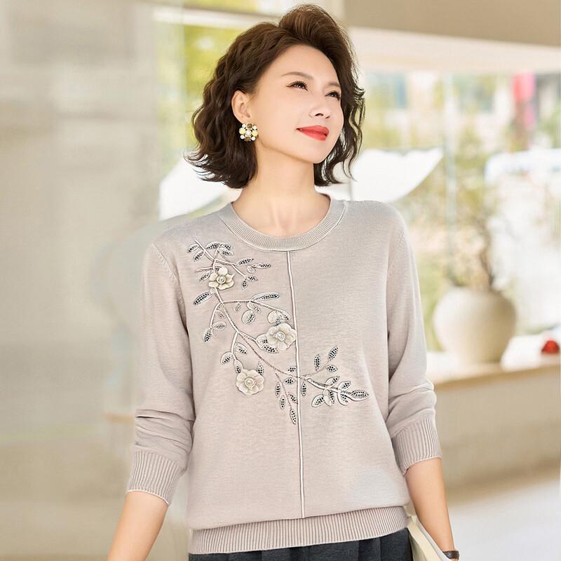 Paster Women s Rhinestone Floral Embroidered Round Neck Sweater XL